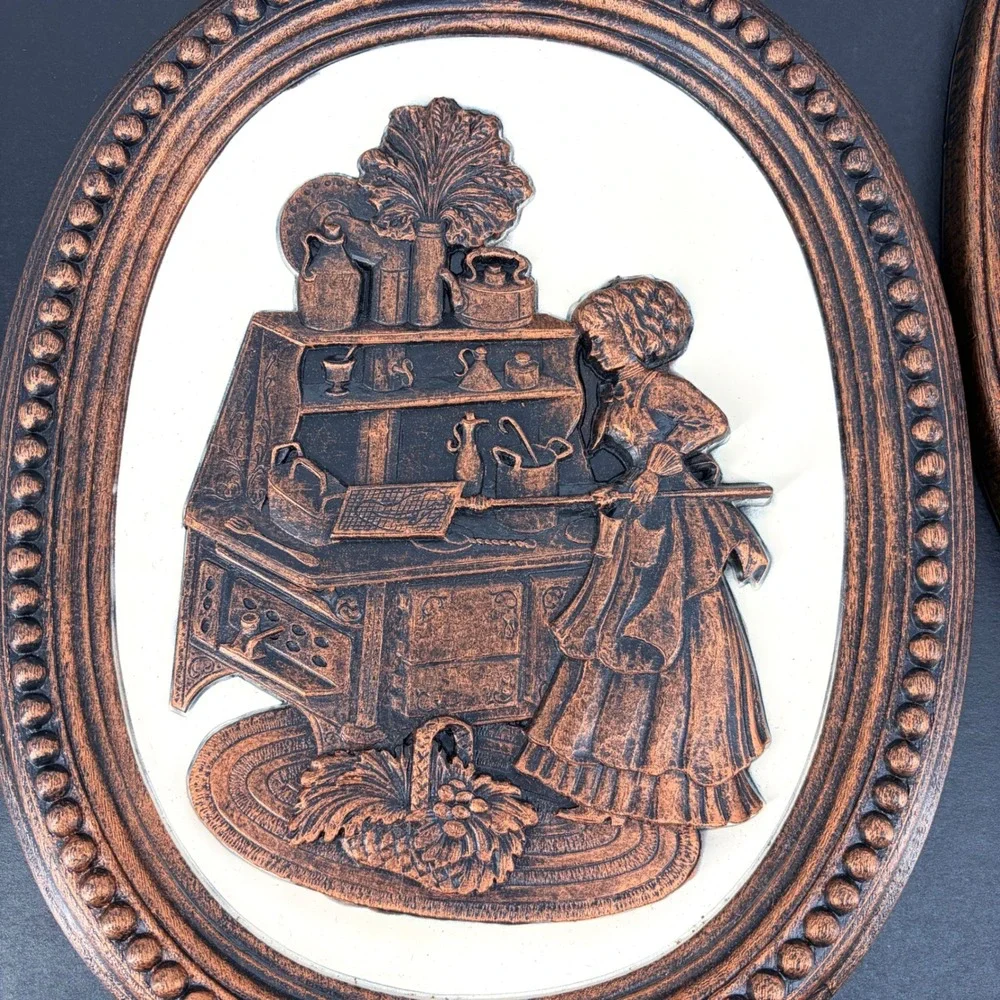 Dart Ind Coppercraft Guild Wall Plaque Pair Colonial 3D 1978 7534 7535 Farmhouse